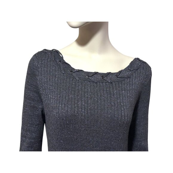 Y2K Cache Mini Dress XL Knit Lace Up Details Bubble Hem Metallic Cocktail - Picture 2 of 6